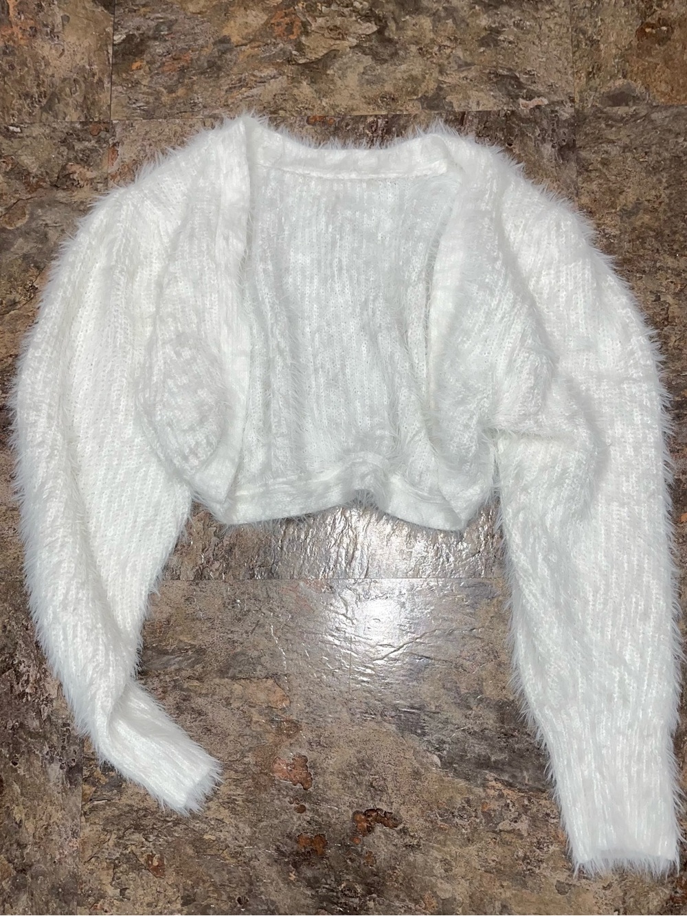 Cropped Fuzzy Open-Front Shrug - White